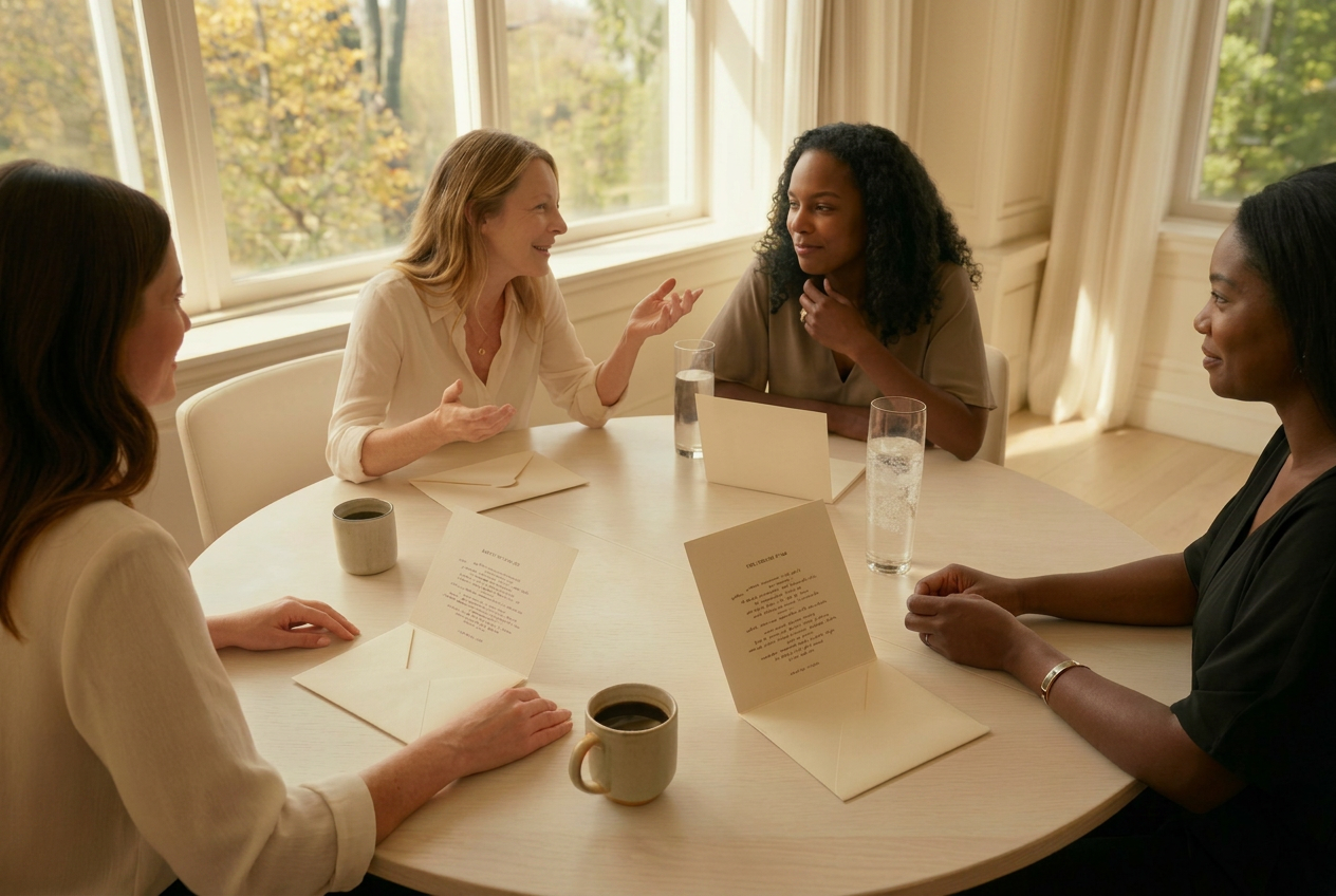 A round table of four under warm gold light