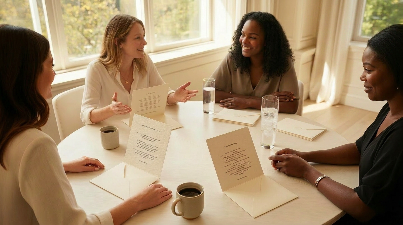 A round table of four under warm gold light
